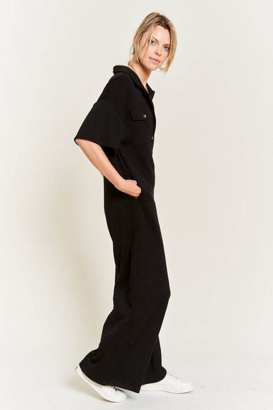 Basic Collar Shirt Wide leg Jumpsuit - Happily Ever Atchison Shop Co.