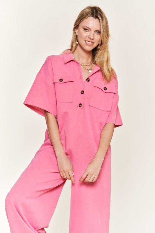 Basic Collar Shirt Wide leg Jumpsuit - Happily Ever Atchison Shop Co.