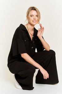 Basic Collar Shirt Wide leg Jumpsuit - Happily Ever Atchison Shop Co.