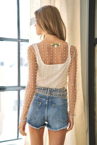 Bead and Pearl Embellished Long Sleeves Mesh Top - Happily Ever Atchison Shop Co.