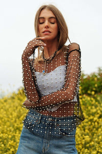 Bead and Pearl Embellished Long Sleeves Mesh Top - Happily Ever Atchison Shop Co.