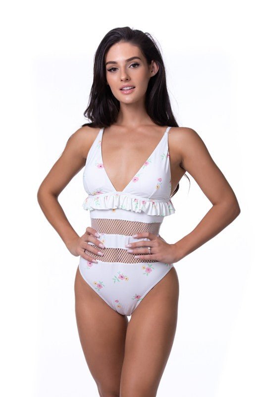 BEIGE FLORAL RUFFLE TRIM MESH ONE PIECE SWIM - Happily Ever Atchison Shop Co.