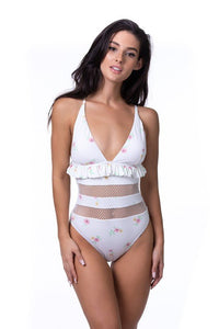 BEIGE FLORAL RUFFLE TRIM MESH ONE PIECE SWIM - Happily Ever Atchison Shop Co.