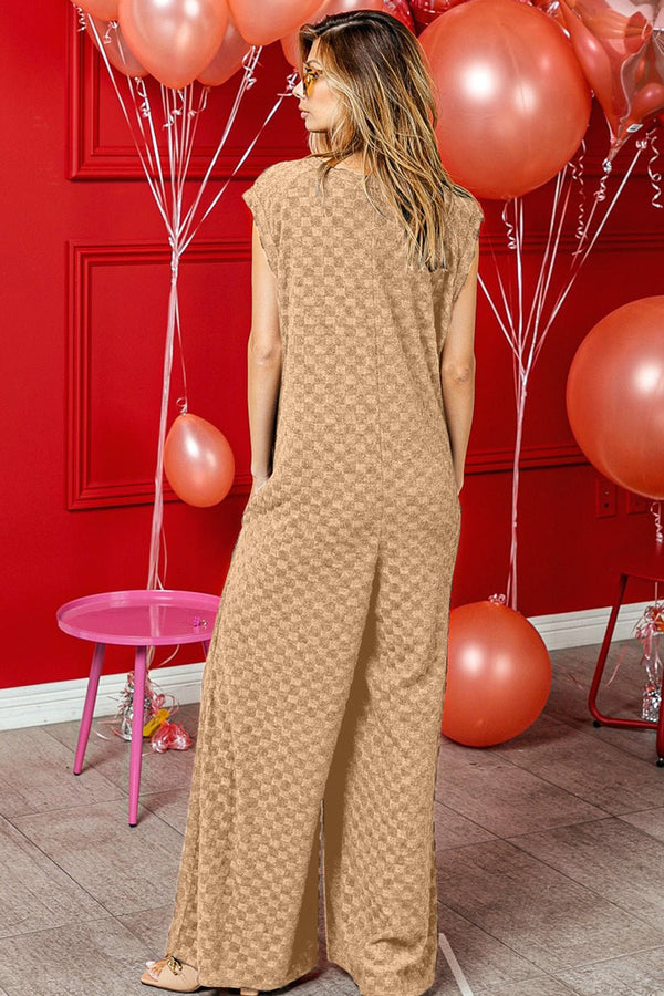BiBi Checkered Cap Sleeve Wide Leg Jumpsuit with Pockets - Happily Ever Atchison Shop Co.