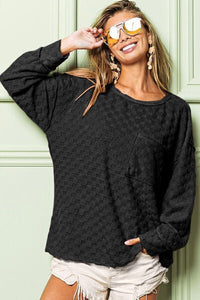 BiBi Checkered Round Neck Exposed Seam Top - Happily Ever Atchison Shop Co.