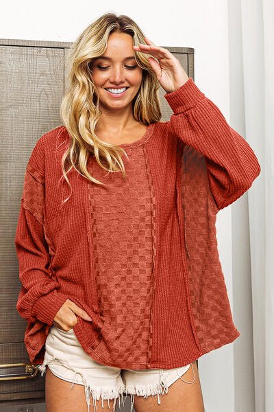 BiBi Checkered Spliced Long Sleeve Top - Happily Ever Atchison Shop Co.