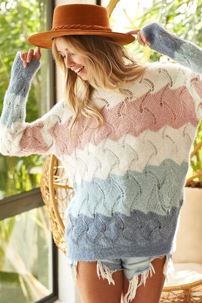 BiBi Color Block Openwork Long Sleeve Sweater - Happily Ever Atchison Shop Co.