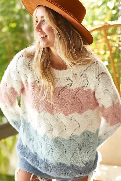 BiBi Color Block Openwork Long Sleeve Sweater - Happily Ever Atchison Shop Co.