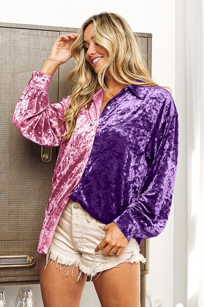 BiBi Contrast Button Up Long Sleeve Shirt - Happily Ever Atchison Shop Co.