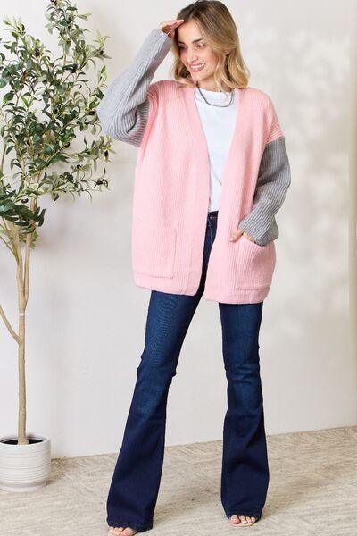 BiBi Contrast Open Front Cardigan with Pockets - Happily Ever Atchison Shop Co.