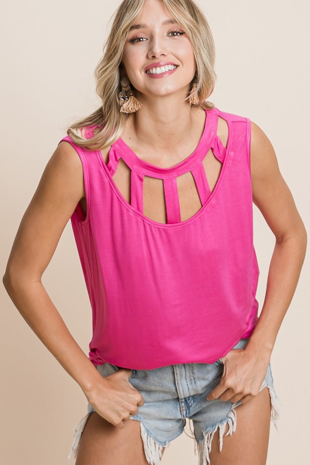 BiBi Cutout Round Neck Sleeveless Top - Happily Ever Atchison Shop Co.