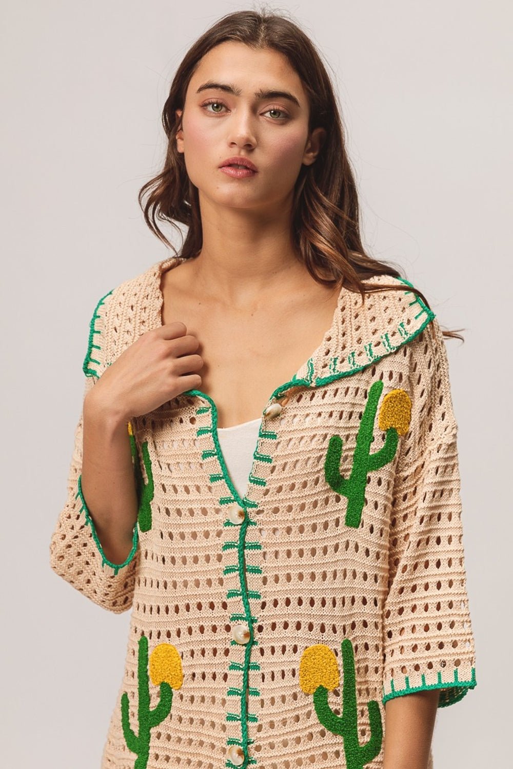 BiBi Edge Stitched Cactus Patch Sweater Cardigan - Happily Ever Atchison Shop Co.