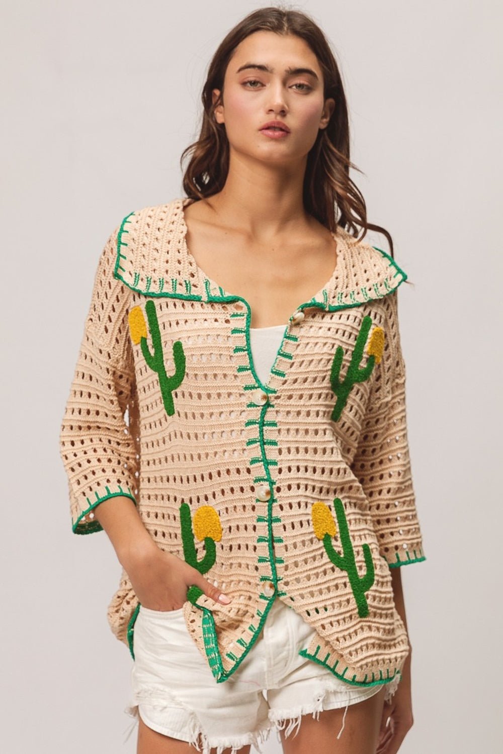 BiBi Edge Stitched Cactus Patch Sweater Cardigan - Happily Ever Atchison Shop Co.