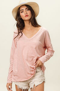 BiBi Exposed Seam V-Neck Long Sleeve T-Shirt - Happily Ever Atchison Shop Co.