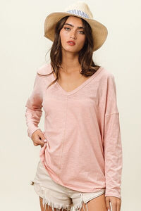 BiBi Exposed Seam V-Neck Long Sleeve T-Shirt - Happily Ever Atchison Shop Co.