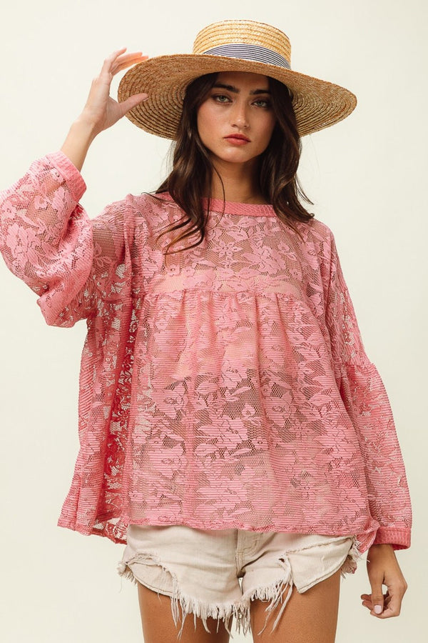 BiBi Floral Lace Long Sleeve Top - Happily Ever Atchison Shop Co.