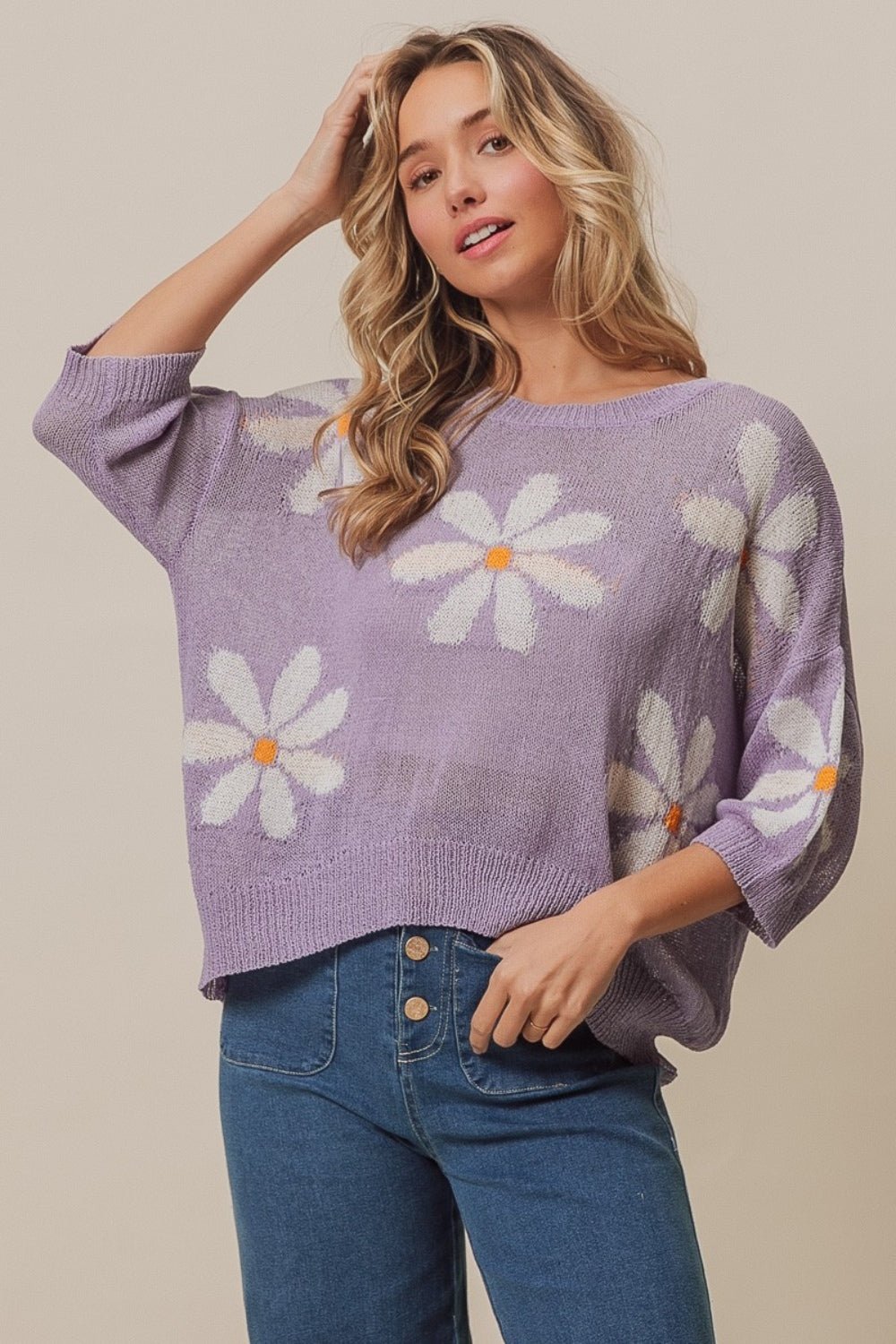 BiBi Floral Pattern Slit Sweater - Happily Ever Atchison Shop Co.