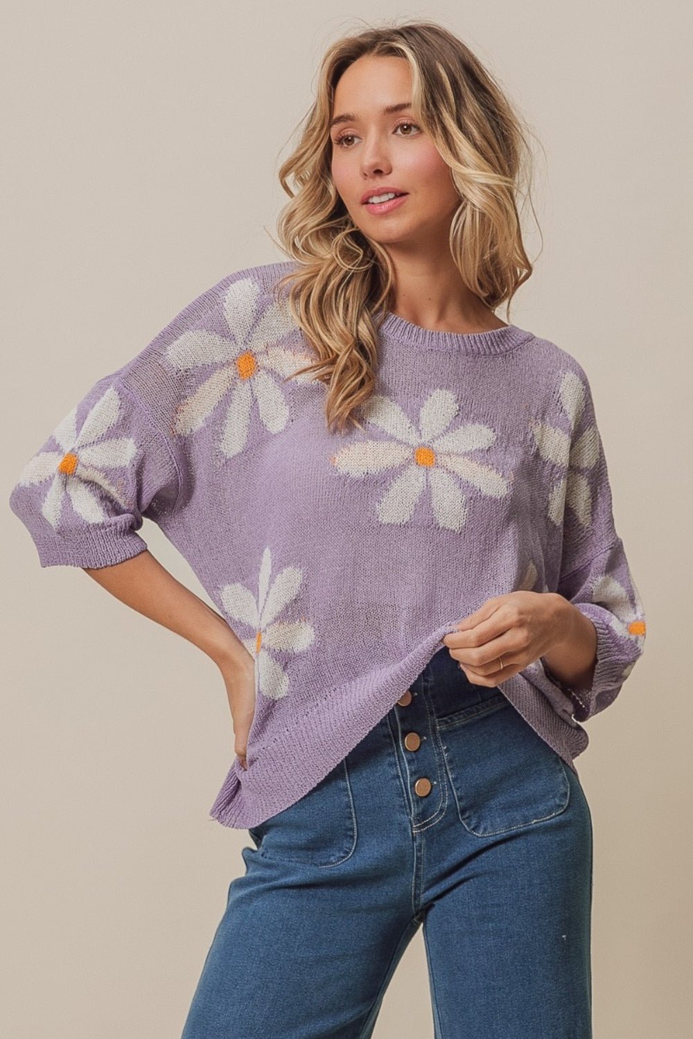 BiBi Floral Pattern Slit Sweater - Happily Ever Atchison Shop Co.