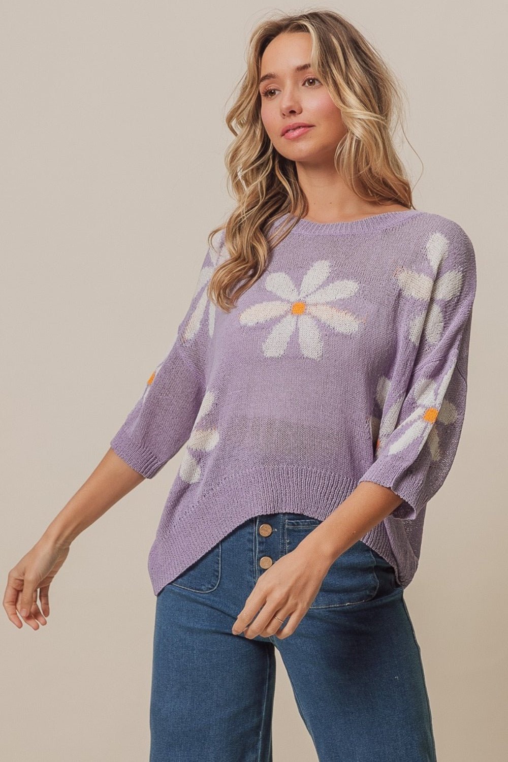 BiBi Floral Pattern Slit Sweater - Happily Ever Atchison Shop Co.