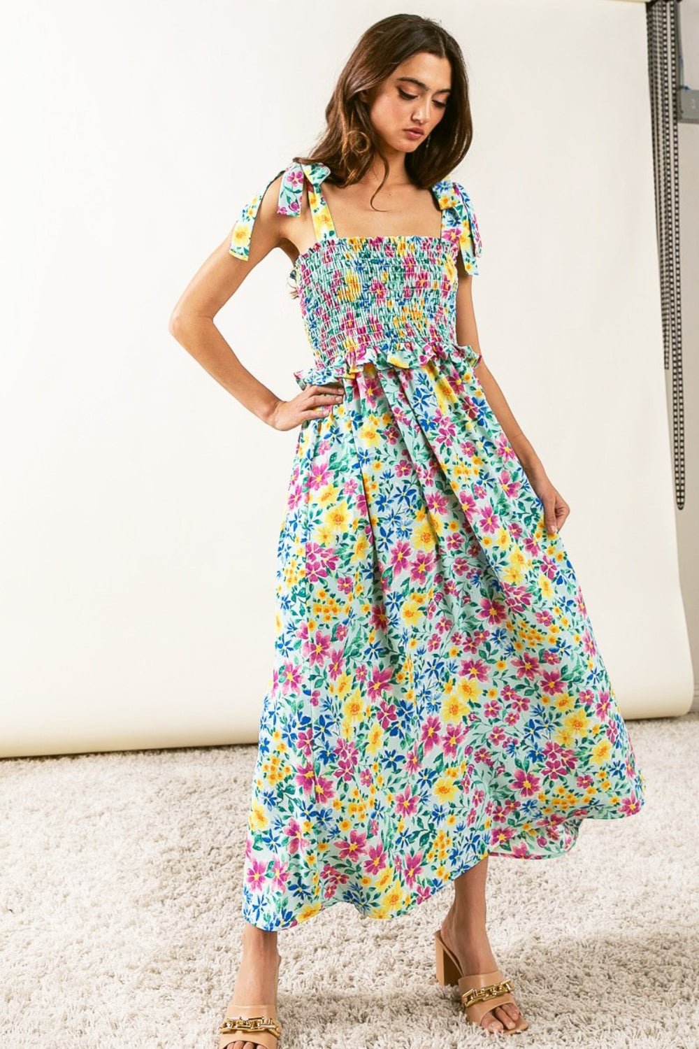 BiBi Floral Ruffle Trim Smocked Cami Dress - Happily Ever Atchison Shop Co.