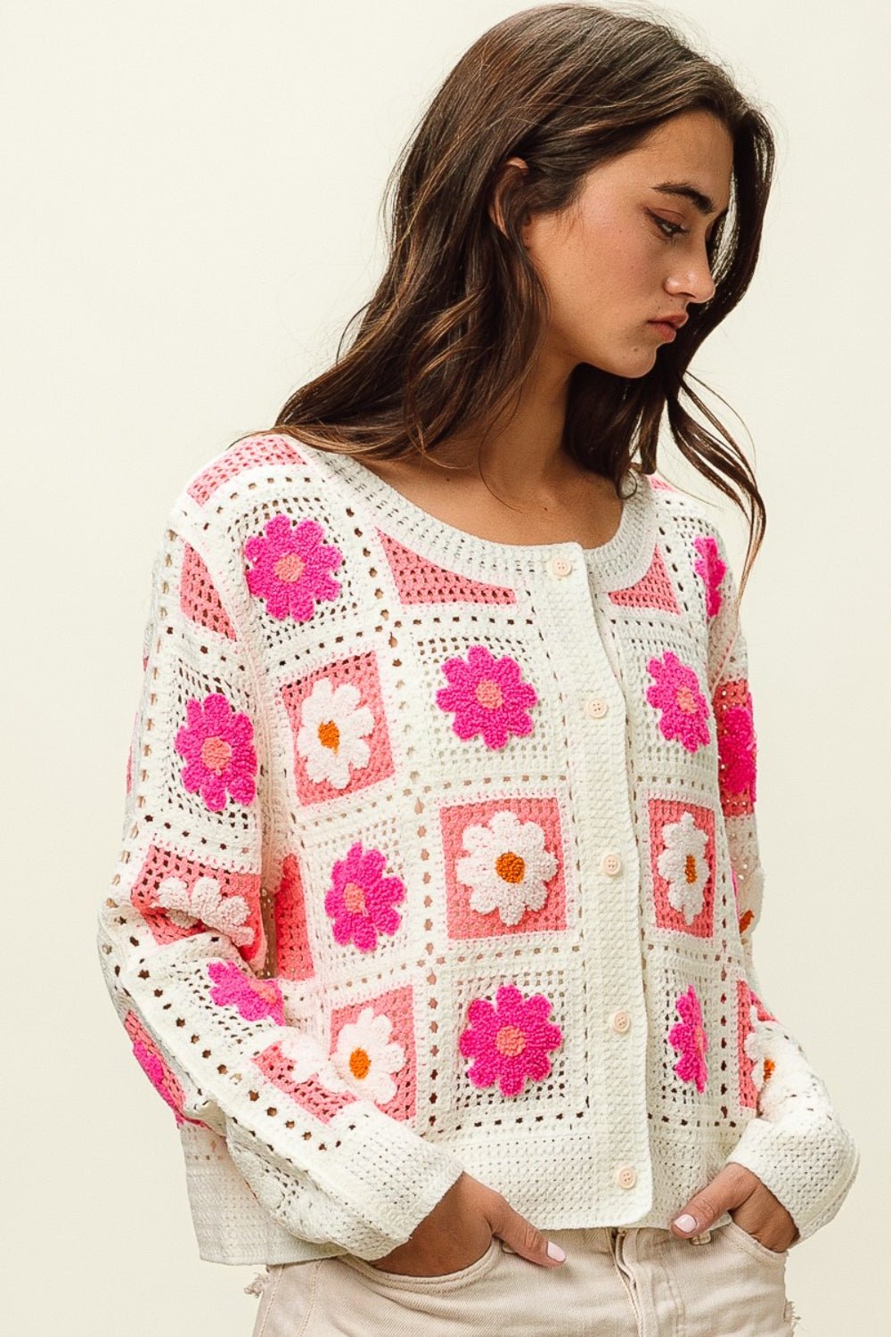 BiBi Flower Crochet Lace Button Up Cardigan - Happily Ever Atchison Shop Co.