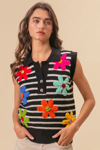 BiBi Flower Patch Striped Half Button Sweater Vest - Happily Ever Atchison Shop Co.