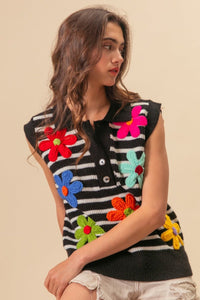 BiBi Flower Patch Striped Half Button Sweater Vest - Happily Ever Atchison Shop Co.