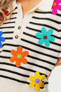 BiBi Flower Patch Striped Half Button Sweater Vest - Happily Ever Atchison Shop Co.
