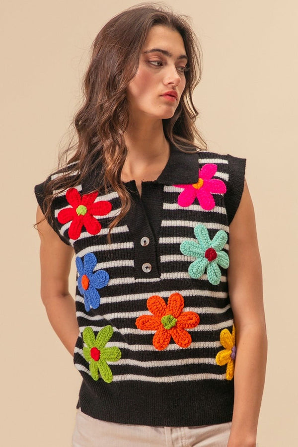 BiBi Flower Patch Striped Half Button Sweater Vest - Happily Ever Atchison Shop Co.