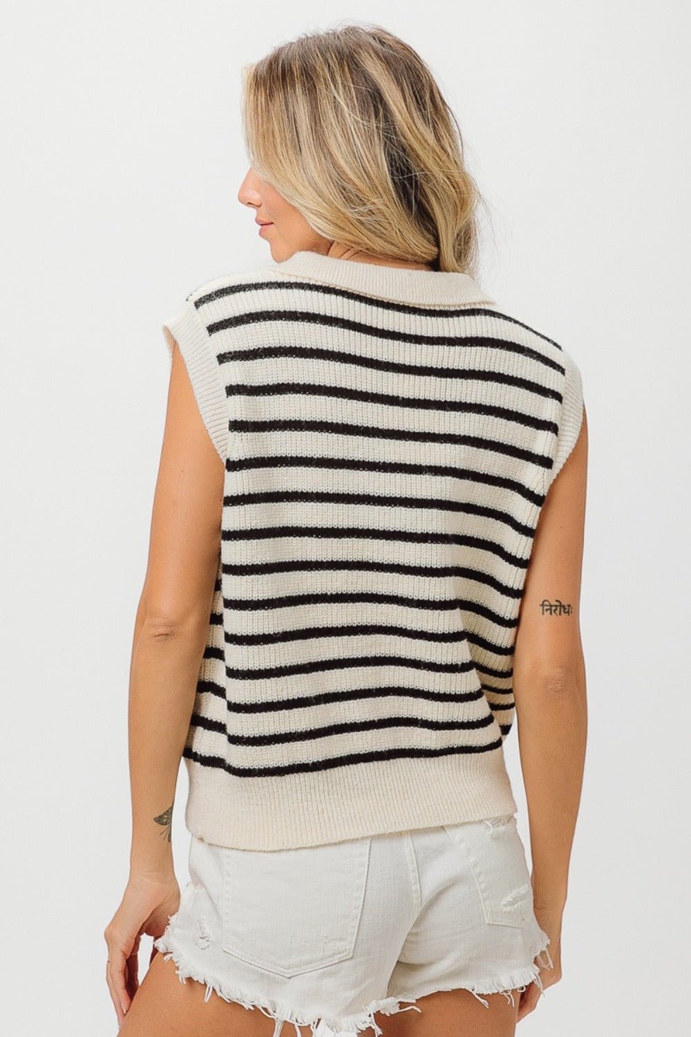 BiBi Flower Patch Striped Half Button Sweater Vest - Happily Ever Atchison Shop Co.