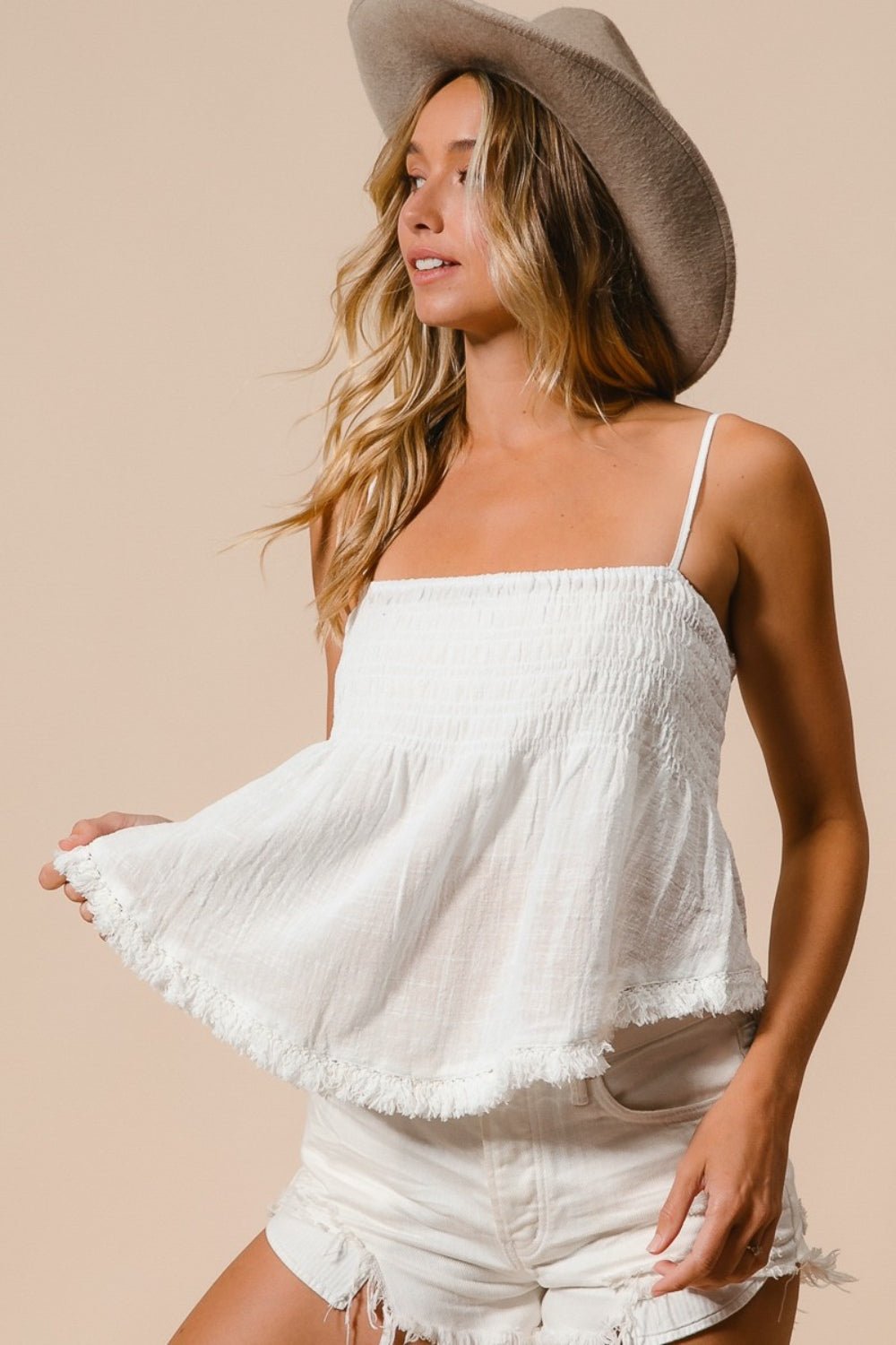 BiBi Fringed Hem Smocked Cami - Happily Ever Atchison Shop Co.