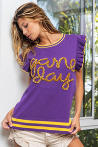 BiBi Game Day Letter Contrast Trim Ruffled Sleeveless Sweater - Happily Ever Atchison Shop Co.