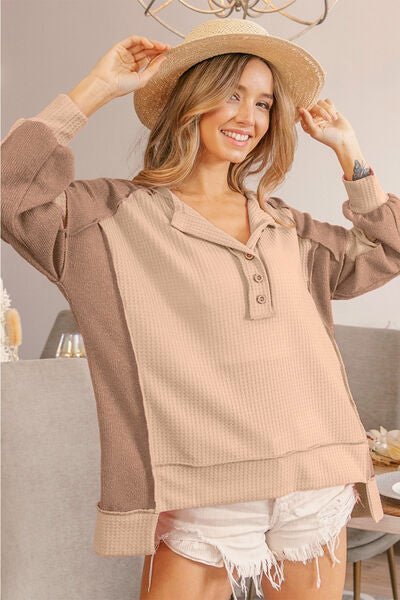 BiBi Half Button Exposed Seam Contrast Waffle Top - Happily Ever Atchison Shop Co.