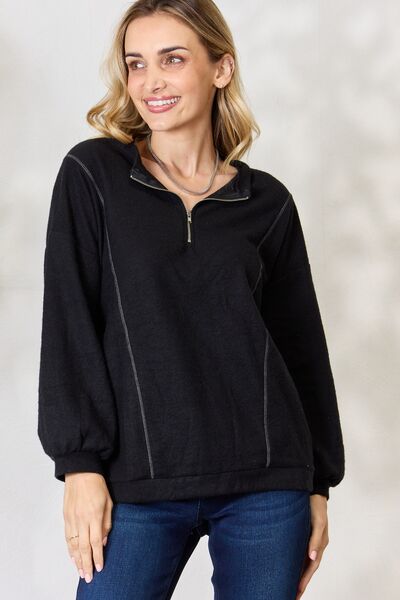 BiBi Half Zip Brushed Terry Long Sleeve Top - Happily Ever Atchison Shop Co.