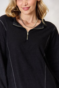 BiBi Half Zip Brushed Terry Long Sleeve Top - Happily Ever Atchison Shop Co.