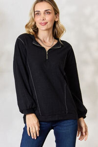 BiBi Half Zip Brushed Terry Long Sleeve Top - Happily Ever Atchison Shop Co.