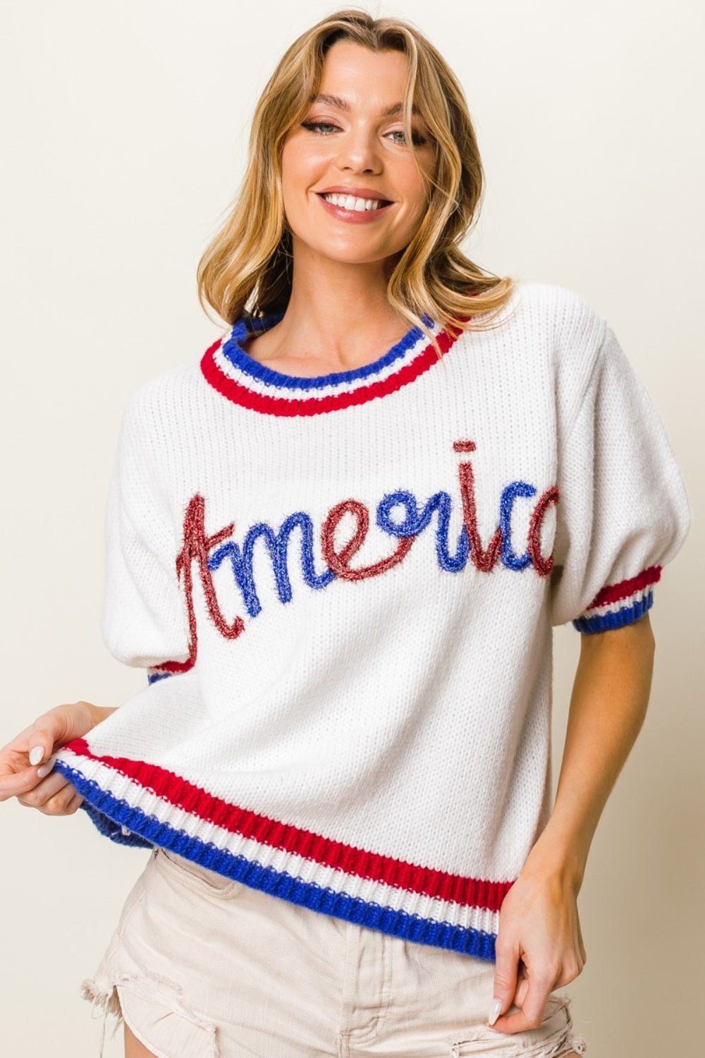 BiBi Metallic America Letter Short Sleeve Sweater - Happily Ever Atchison Shop Co.