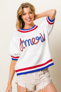 BiBi Metallic America Letter Short Sleeve Sweater - Happily Ever Atchison Shop Co.