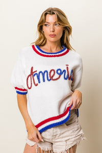 BiBi Metallic America Letter Short Sleeve Sweater - Happily Ever Atchison Shop Co.