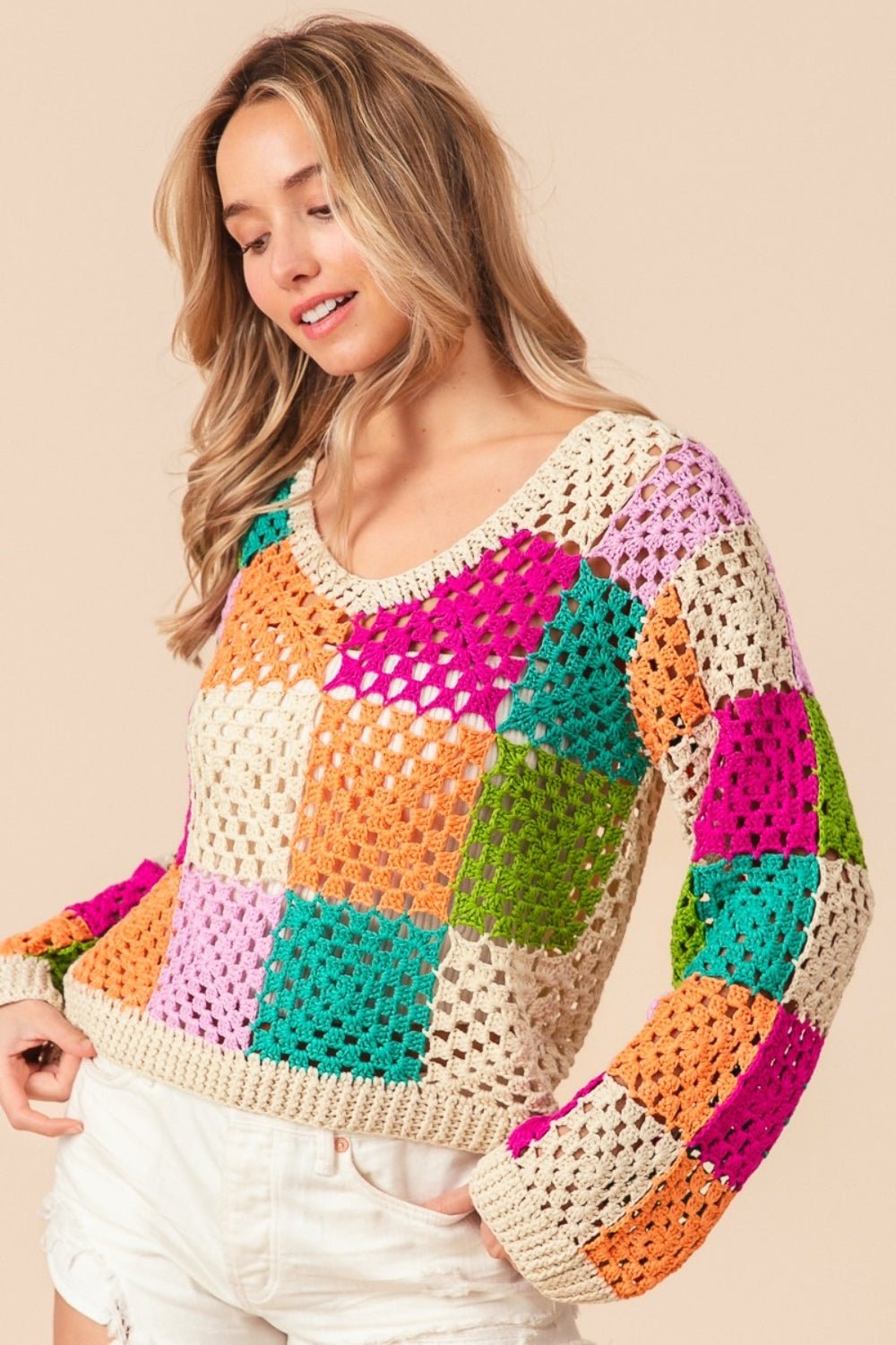 BiBi Multi Color Checkered Long Sleeve Knit Top - Happily Ever Atchison Shop Co.