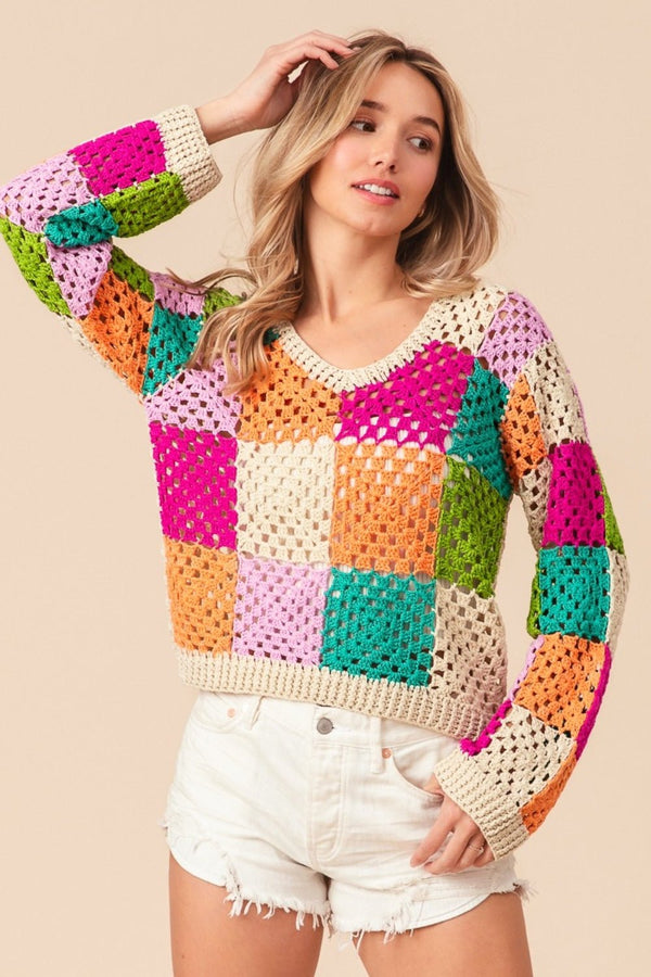 BiBi Multi Color Checkered Long Sleeve Knit Top - Happily Ever Atchison Shop Co.