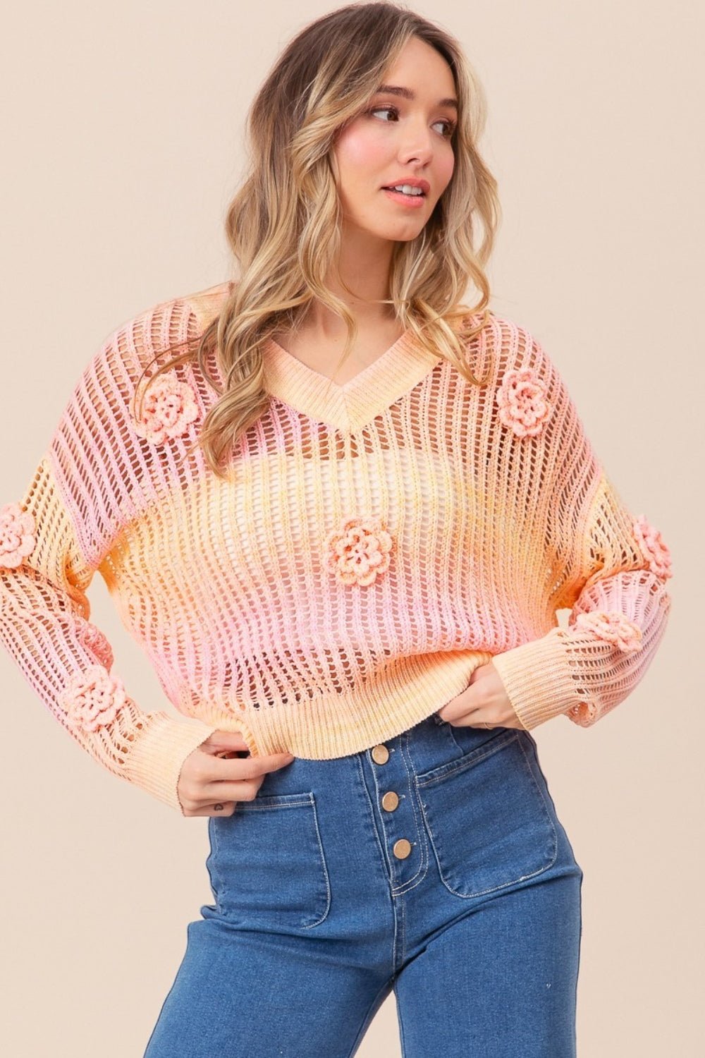 BiBi Ombre Crochet Flower Knit Top - Happily Ever Atchison Shop Co.