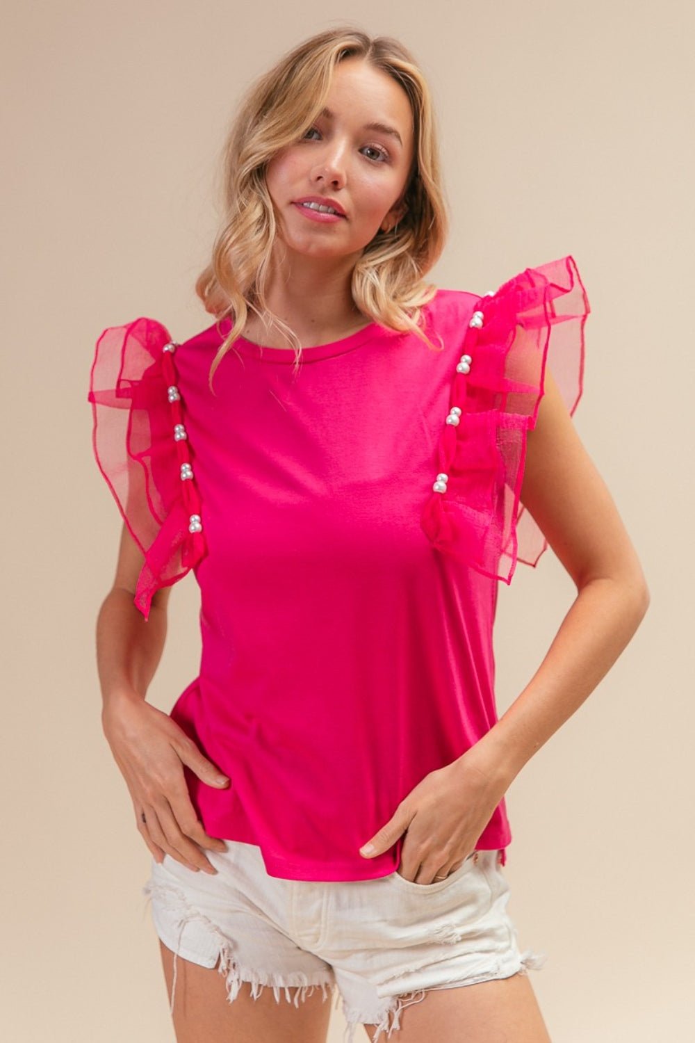 BiBi Pearl Decor Mesh Ruffle Sleeve Top - Happily Ever Atchison Shop Co.