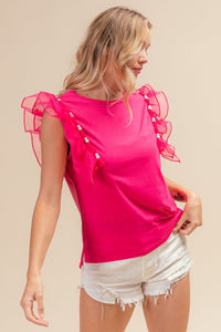 BiBi Pearl Decor Mesh Ruffle Sleeve Top - Happily Ever Atchison Shop Co.