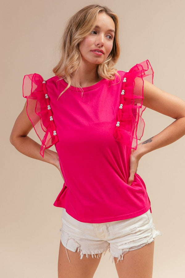 BiBi Pearl Decor Mesh Ruffle Sleeve Top - Happily Ever Atchison Shop Co.