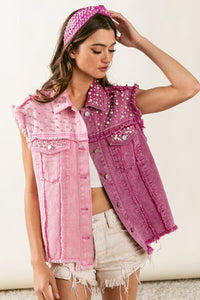 BiBi Pearl & Rhinestone Decor Contrast Raw Hem Vest Coat - Happily Ever Atchison Shop Co.