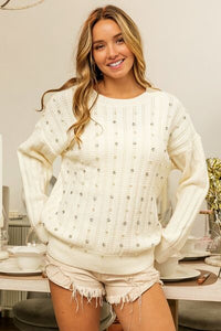 BiBi Pearl & Rhinestone Decor Long Sleeve Sweater - Happily Ever Atchison Shop Co.