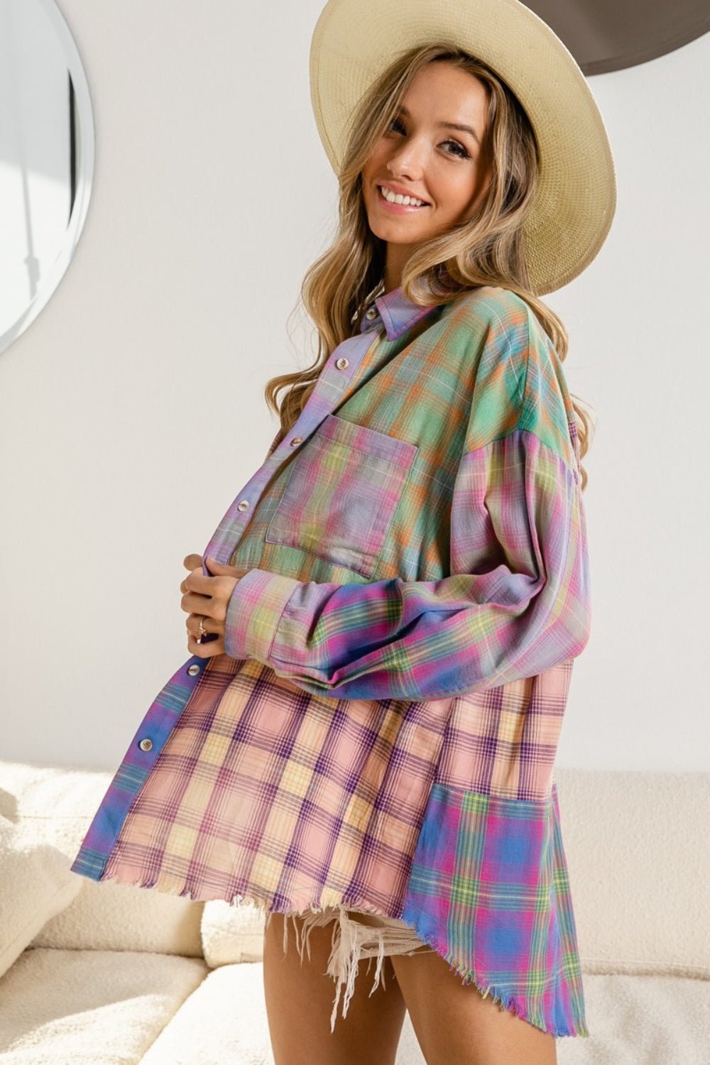 BiBi Plaid Color Block Button Up Shirt - Happily Ever Atchison Shop Co.