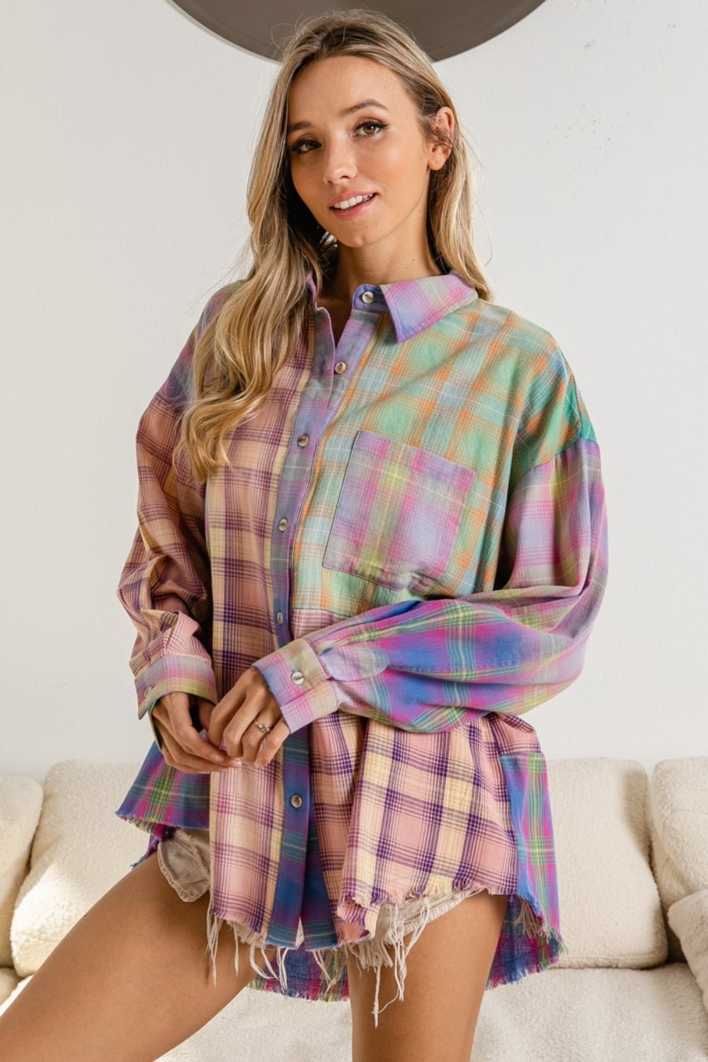 BiBi Plaid Color Block Button Up Shirt - Happily Ever Atchison Shop Co.