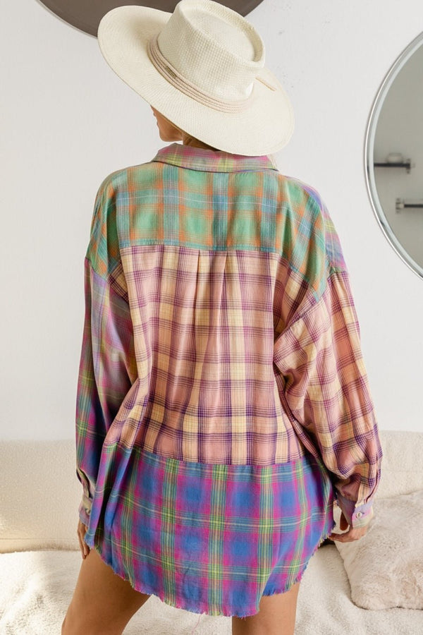 BiBi Plaid Color Block Button Up Shirt - Happily Ever Atchison Shop Co.